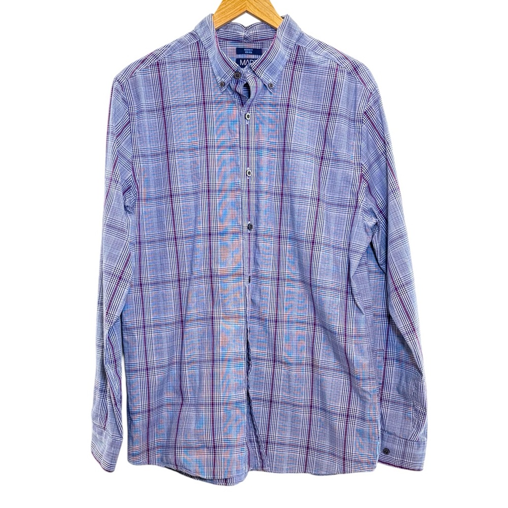 MADE Cam Newton Men's Blue Purple Plaid Button Down Shirt, Size Large Modern Fit